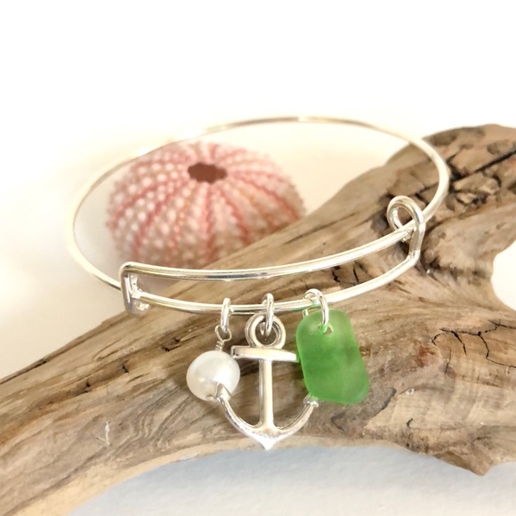 Artisan Jewelry - Adjustable Green Sea Glass Anchor Bangle Bracelet